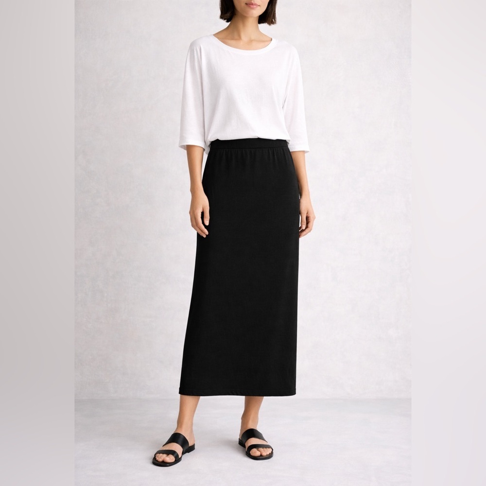 Eileen Fisher Black Lyocell Midi Skirt Pull On Stretch Minimalist